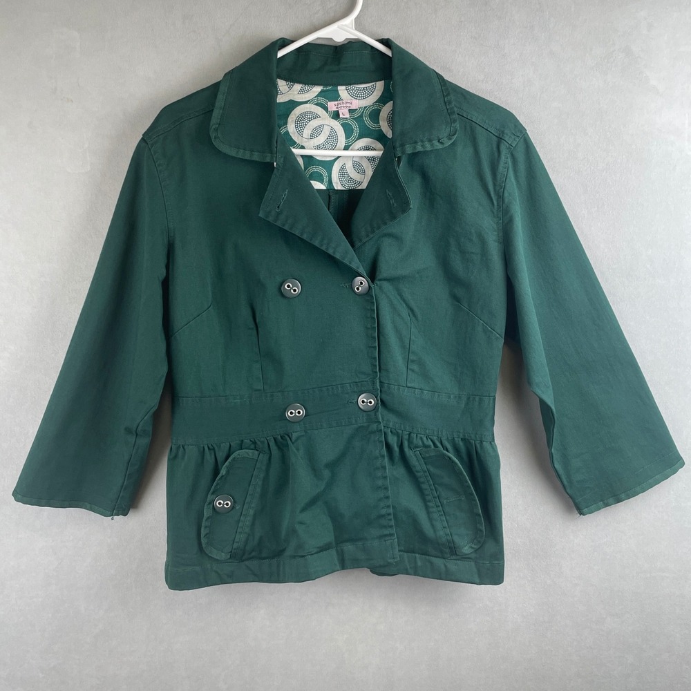 Sashimi Dark Green Peplum Twee Jacket Double Breasted 3/4 Sleeve Mod Chic L READ